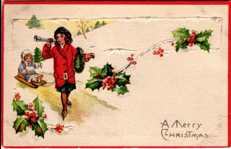 A Merry Christmas - Girl with Baby in Sled - Springs of Holly - in 1916