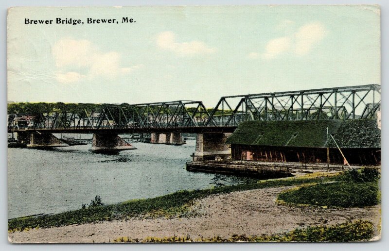 Brewer Maine~Penobscot River Bridge~Railroad Bridge Behind~replaced 1997~1917 PC 