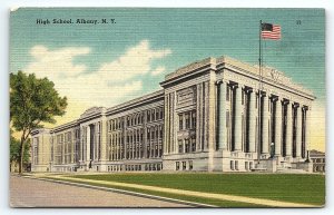 1930s ALBANY NEW YORK NY HIGH SCHOOL US FLAG LINEN POSTCARD P2572