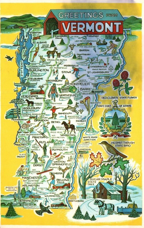 Vintage Postcard 1967 Four Season State Pictorial Map Points Of Interest Vermont 