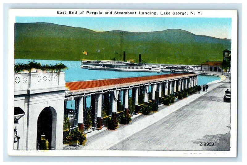 c1920s East End of Pergola and Steamboat Landing, Lake George NY Postcard