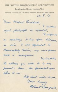 Robert Dougall 1950s News Reader BBC Hand Signed Letter