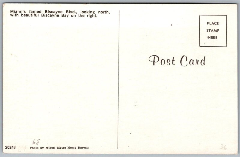 Vtg Miami Florida FL Biscayne Boulevard Looking North Bay View Postcard
