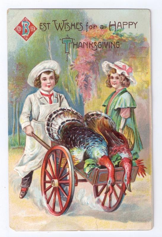 Thanksgiving Postcard Children Girl Butcher Boy w Turkey in Cart Embossed