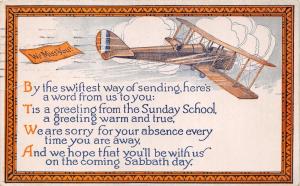 AKRON OHIO~HOPE THAT YOU WILL BE WITH US COMING SABBATH~BIPLANE POSTCARD 1921