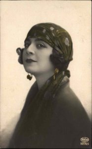 Beautiful Woman in Head Scarf and Earrings Ethnic Real Photo Vintage Postcard