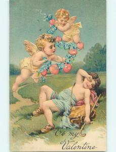 Pre-Linen valentine CUPIDS FLYING WITH HEARTS STRUNG TOGETHER BY FLOWERS HJ2621