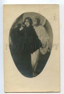 491757 Easter EHRLER Mourning Woman & GUARDIAN ANGEL russian RPPC Gatchina