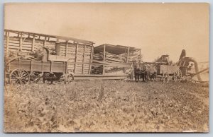 Farming~Horse Drawn Wagon Gives Help In Field~Loaded Bins~Equipment~c1910 RPPC