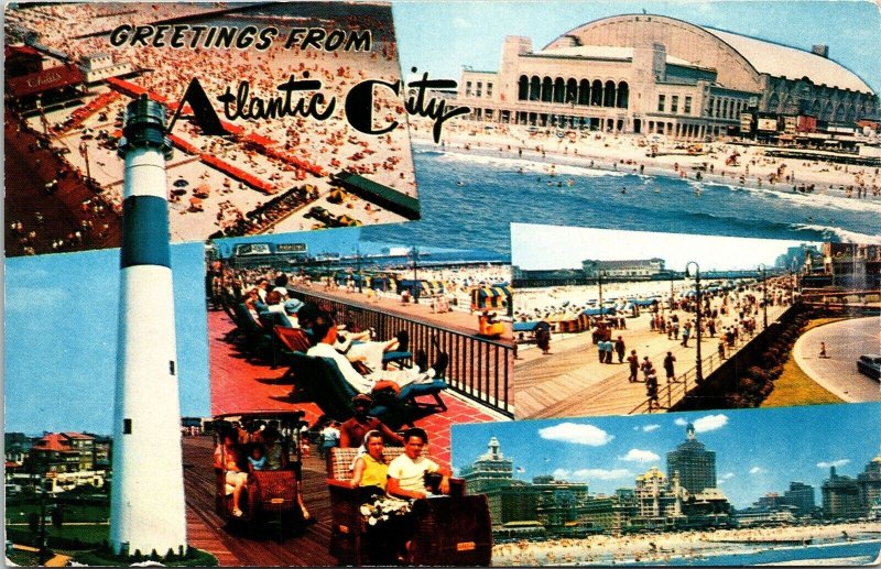 Greetings Atlantic City New Jersey Multi View Boardwalk Ocean Chrome Postcard 
