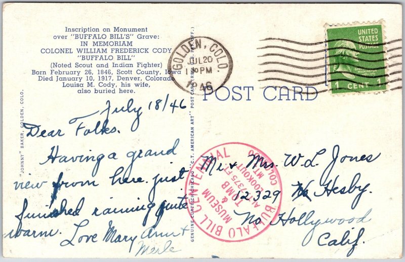 1946 Inscription on Monument Buffalo Bill's Grave Edgar A. Guest Posted Postcard