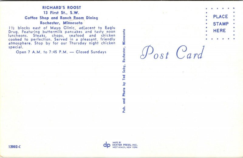 Postcard Richard's Roost Coffee Shop in Rochester, Minnesota~135109