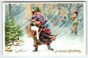 Christmas Postcard Mother Boys Goose Snowballs Snow Storm Basket Tuck Series 102