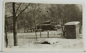 Log Cabin Snow Ladies & Clothes on The Line Below Mtn Real Photo Postcard O20