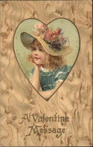 Valentine Children Girl with Flower Hat Embossed c1900s-10s Postcard