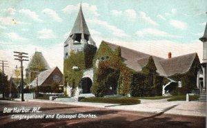 Vintage Postcard 1900's Congregational & Episcopal Churches Bar Harbor ME Maine