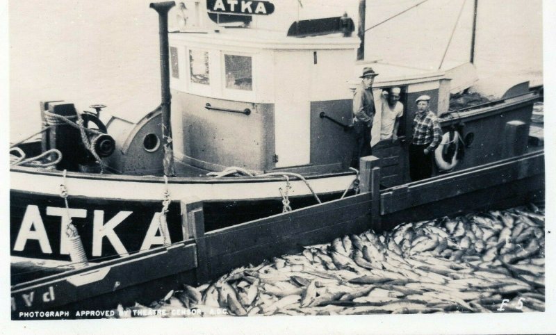 ALASKA AK RPPC REAL PHOTO POSTCARD 1930'S ATKA FISHING BOAT FISHERMEN