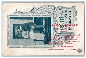 c1905 Couple Kissing Romance Piano Ashby Hardware Store Advertising Postcard
