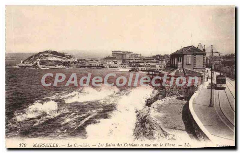 Postcard Old Marseille La Corniche Les Bains Catalans and view of the Pharo