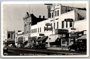Willows California 1940s RPPC Real Photo Postcard Palace Hotel Stores Cars