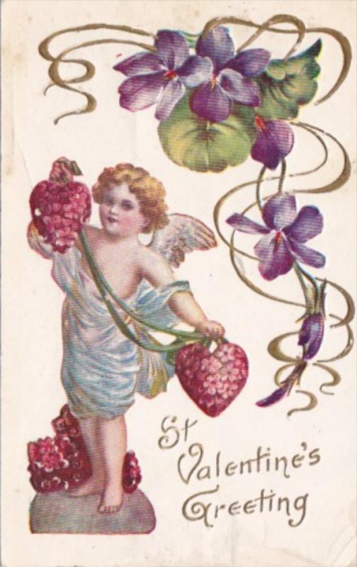 Valentine's Day Cupid Hearts and Purple Flowers 1908