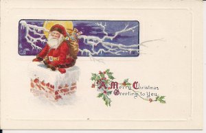 SANTA CLAUS Going Down Chimny, Xmas, ca.1910 Full Moon, Icy Tree, Embossed