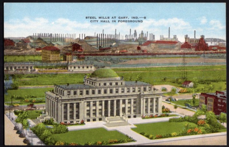 Indiana GARY Steel Mills Plants with City Hall in Foreground - LINEN