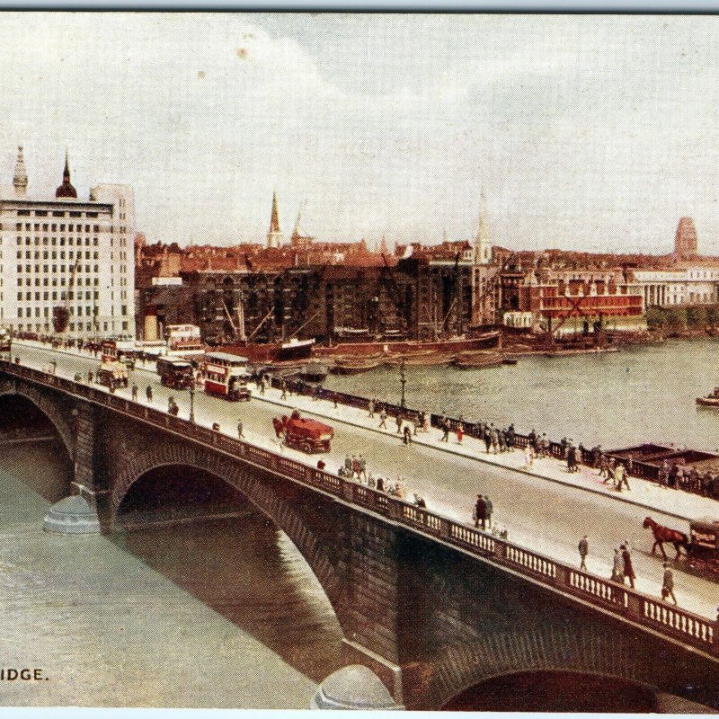 c1910s London, England Bridge River Thames Trolleys Horse Cart Boat Skyline A355