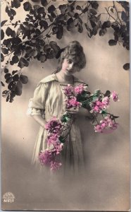 Victorian Lady With Flowers Jugenstil Coloured Vintage RPPC C039