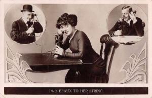 Woman using Telephone Two Beaux to her String Real Photo Postcard J7