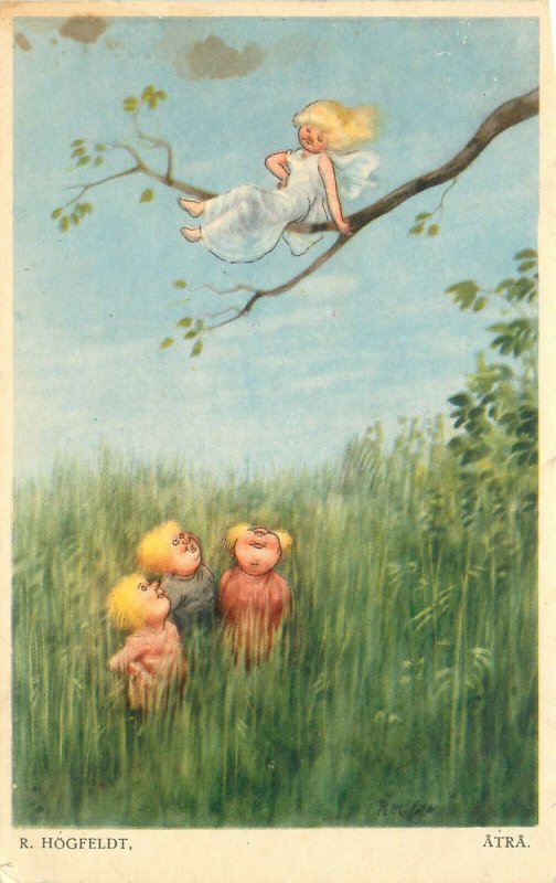 Signed Artist Postcard R. Hogfeldt Atra Children Look at Fairy in Tree Sweden