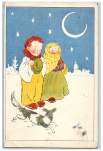 1912 Christmas Carolers Winter Scene Crescent Stars Slovakia Antique Postcard