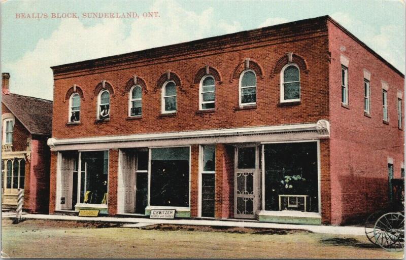 Beall's Block Sunderland ON Ontario C. Switzer Boots & Shoes UNUSED Postcard D93