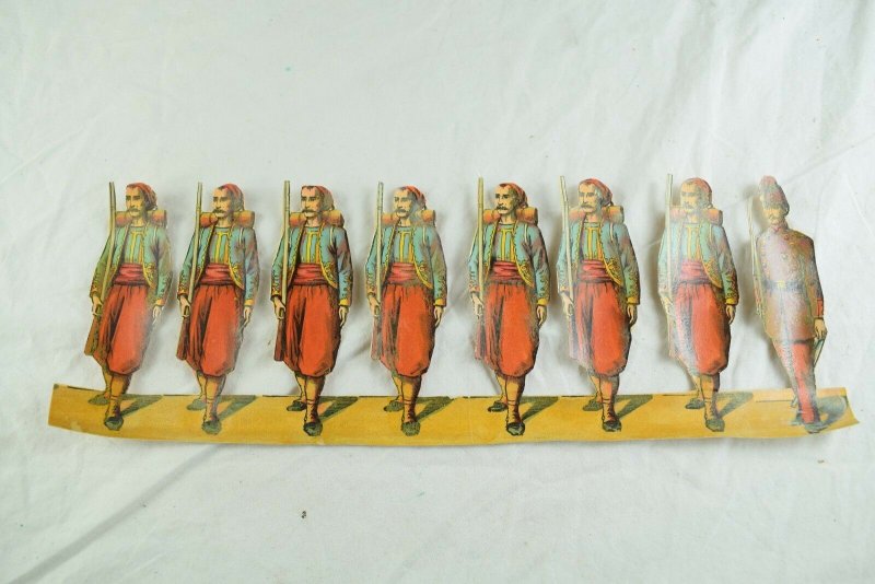 1870's-80's Die Cut Civil War Zouve Paper Toy Soldiers Strip 4 1/4 X 11 1/2