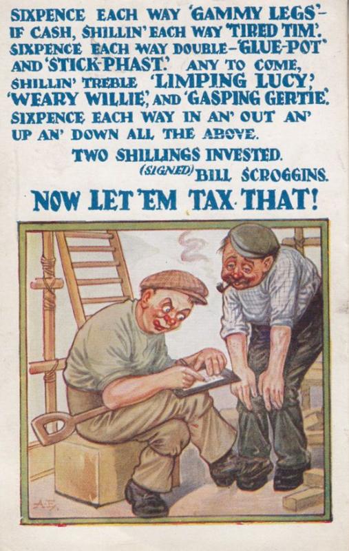 Tax Taxes Sixpence Coin Scrooge Two Shilling Foreman Work Antique Comic Postcard