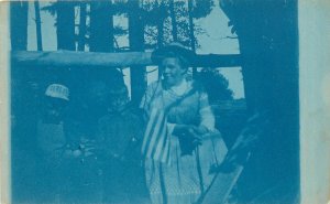Cyanotype RPPC Postcard Girl With American Flag Boy With CERES Hat Ingento Back