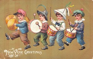 New Year Greetings Children Playing Instruments, Gold Background,Embossed, PC U8