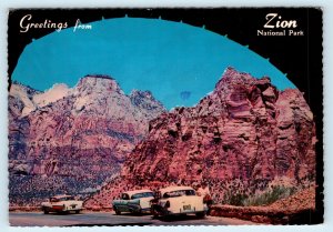 Greetings from ZION NATIONAL PARK, Utah UT ~ 1950s Cars PM 1972 - 4x6 Postcard