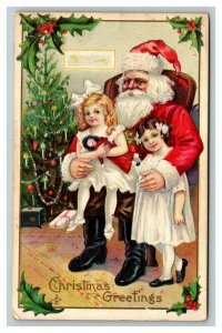 Vintage 1914 Christmas Postcard Cute Kids on Santa's Lap Xmas Tree Mistletoe