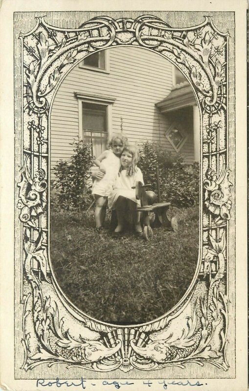 1907 RPPC Postcard Illustrated Vignette Children w Hobby Horse on Wheels in Yard 