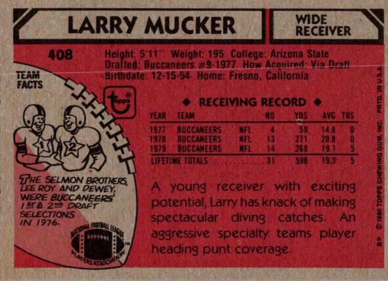 1980 Topps Football Card Larry Mucker WR Tampa Bay Buccaneers sun0097