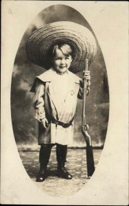 Antique American RPPC Little Boy Straw Hat Prop Gun Rifle STUDIO PORTRAIT