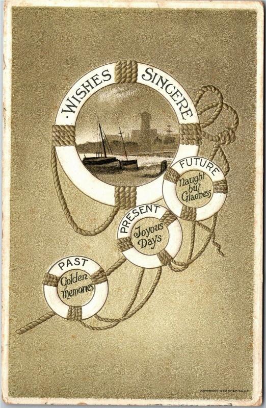 Nautical Life Rings Harbor Scene Embossed Vintage Greetings Postcard M11