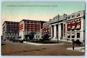Winnipeg Manitoba Canada Postcard CPR Station Royal Alexandra Hotel 1917