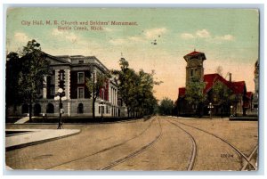 1915 City Hall M.E. Church and Soldiers Monument Battle Creek MI Postcard