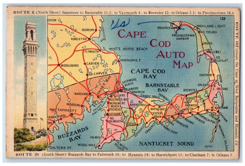 1949 Route 6 (North Shore) Route 28 (South Shore) Cape Cod Auto Map MA Postcard