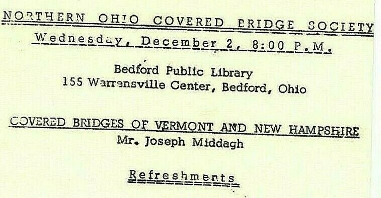 Postcard  Covered Bridge Society, Northern OH Meeting Announcement , 1964.   S5