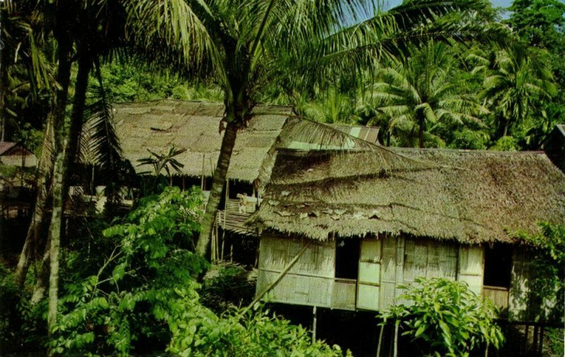 malay malaysia, SARAWAK BORNEO, Native Dayak Longhouse (1970s) SR-7358