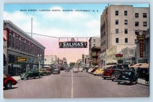 Salinas California Postcard Main Street Looking North Classic Cars Building 1940