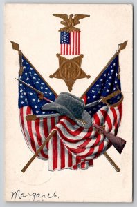 GAR Civil War Remembrance Badge Flags Hat Sword Rifle Bayonet Emb Postcard R21